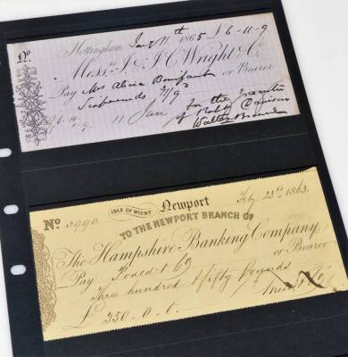 A 19thC printed and handwritten cheque, London July 8th 1875 for Toms & Company and another No. 22 Finch Lane London blank cheque etc., further cheques for Nottingham 1865 Newport, 1863. (a quantity) - 2