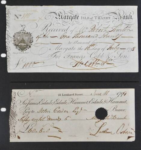 An 18thC handwritten and printed cheque, Isle of Thanet Bank for Francis Cobb & Son for £1000 and another 21 Lombard Street, dated 1799 for Sir James Esdaile. (2)