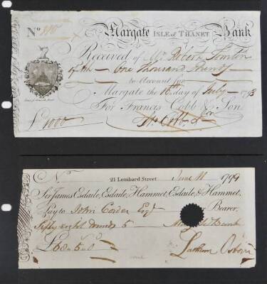 An 18thC handwritten and printed cheque, Isle of Thanet Bank for Francis Cobb & Son for £1000 and another 21 Lombard Street, dated 1799 for Sir James Esdaile. (2)