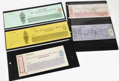 Various 19thC blank cheques etc., The British Linen Bank, in blue and yellow, London County Westminster Bank, Wirksworth, two written cheques 1878 and 1879 for Lincoln & Lindsey Bank and Messrs Stephen Blandy & Co. (a quantity)