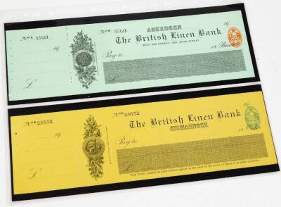 Various 19thC blank cheques etc., The British Linen Bank, in blue and yellow, London County Westminster Bank, Wirksworth, two written cheques 1878 and 1879 for Lincoln & Lindsey Bank and Messrs Stephen Blandy & Co. (a quantity) - 2