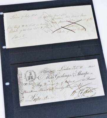 Various 19thC and other cheques, The Hibernian Bank Ltd 1936, another 1939, an 1840 Gosling and Sharp cheque Fleet Street and a fully handwritten cheque London 17th July 1838. - 2