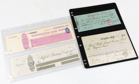 Various 19thC and 20thC blank cheques, to include Sheffield Banking Company, Westminster Bank Ltd., 1974 handwritten and printed Brighton Messrs Hall Lloyd, Bevan and West, another with stamp Bank of Scotland for 1863 etc. (a quantity)