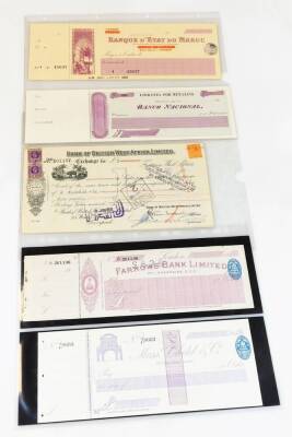 Various early 20thC blank cheques etc., Farrows Bank Ltd London, Messrs Child & Co London, with stubs, a bank of British West Africa Ltd exchange for £5 stamped cheque and two others for Morocco and Libranza Por Metalico etc. (a quantity)