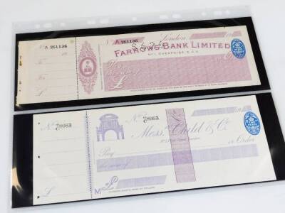 Various early 20thC blank cheques etc., Farrows Bank Ltd London, Messrs Child & Co London, with stubs, a bank of British West Africa Ltd exchange for £5 stamped cheque and two others for Morocco and Libranza Por Metalico etc. (a quantity) - 2