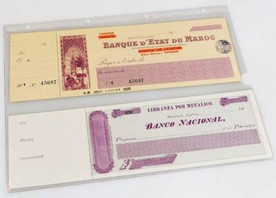 Various early 20thC blank cheques etc., Farrows Bank Ltd London, Messrs Child & Co London, with stubs, a bank of British West Africa Ltd exchange for £5 stamped cheque and two others for Morocco and Libranza Por Metalico etc. (a quantity) - 3