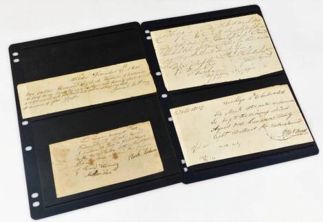 Various early 19thC handwritten American cheques, one New York 5th March 1829, Brooklyn 11th October 1831, one marked Wilson December 23rd 1811 and another 1812, signed Clark. (4)