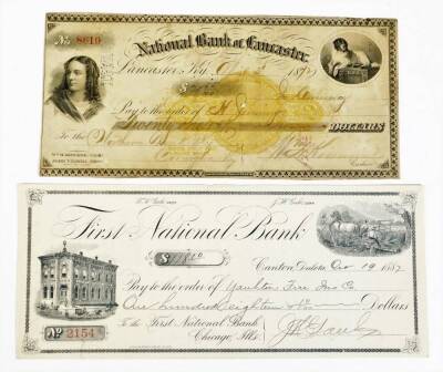 A 19thC National Bank of Lancaster American cheque, April 3rd 1872 for 21 dollars, a First National Bank cheque £118 for Canton Dakota. (2)