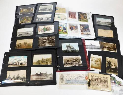 Various postcards, early 20thC and other black and white printed scenes, seaside towns, etc. a Morecambe Pier headed letter dated 1910, various cards of Matlock, Tamworth Pigs, Paris street scene with figures and cars, other mixed postcards, The Pier East