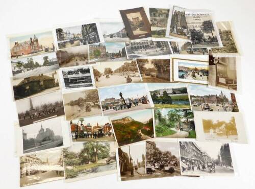 Various postcards, early 20thC black and white printed street scenes, etc. to include many Derbyshire, Haddon Hall, Whitworth Institute at Darley Dale, The Boating Lake Queens Park Chesterfield, Matlock, The Children's Toy Derby, other black and white str