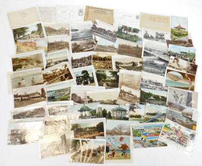 Various postcards, early 20thC printed cards, black and white, etc. to include bandstands, Weston-Super-Mare black and white card with figure pushing pram in the foreground, other bandstands for Roth Park Cardiff, Batley, Clapham Common, Castleford Park,