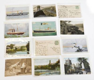 Various postcards, early 20thC black and white printed and coloured scenes, etc., to include ships SS Dominton, Clifton Down, other scenery, Stepping Stones Morpeth, Detling The Well with figure, other ships Liner Leaving Landing Stage at Liverpool, RMS - 2