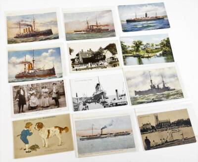 Various postcards, early 20thC black and white printed and coloured scenes, etc., to include ships SS Dominton, Clifton Down, other scenery, Stepping Stones Morpeth, Detling The Well with figure, other ships Liner Leaving Landing Stage at Liverpool, RMS - 4