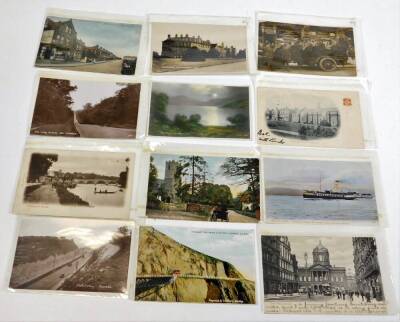 Various postcards, early 20thC printed scenes and others, an unusual Bureau Union card set with figures in open car, street scenes Fairfield Road Burgess Hill printed coloured card, various steam boats, etc. The Duchess of Fife, The Marchioness of Breada - 3