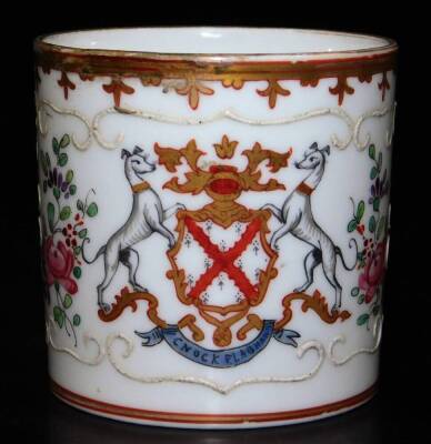 A 19thC armorial porcelain cup, by Samson of Paris, decorated with a coat of arms with the Cnock Flaghan coat of arms with gilt highlights and a pseudo Japanese mark beneath, 17cm high. - 2