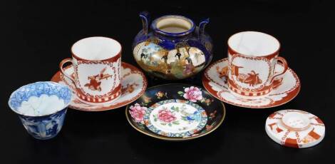 Various oriental porcelain etc., a pair of 19thC Japanese porcelain coffee cans and saucers, 11cm diameter, decorated with panels of figures in an interior setting, an early Chinese blue and white tea bowl decorated with panels of figures with an upper ba