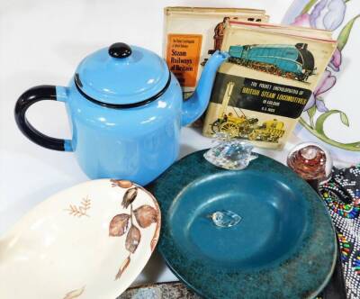 Various bygones, collectables and effects, a bead work bag, corkscrew, blue enamel kettle, 19cm high, Nock (OS) Steam Railways of Britain, hardback, Swarovski style swan and a Carltonware dish. (a quantity) - 3