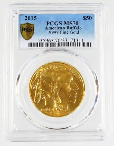 An American Buffalo fifty dollar gold coin, 2015, marked 1oz Liberty .9999 FINE GOLD, in plastic casing.