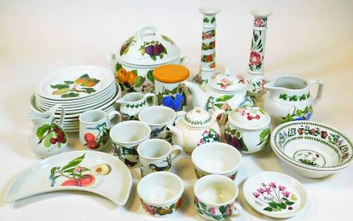 Various Portmeirion Pomona pattern wares, to include teapot, 13cm high, lidded casserole dish, candlesticks, dishes, bowls, etc., various marks beneath. (a quantity)