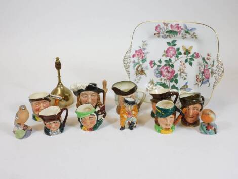 Various character jugs, Royal Doulton and others, to include Old Charley, 5cm high, a Royal Worcester figure of a Chaffinch, various other items, Regency style hand bell, etc. (a quantity)