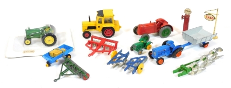 Various die cast vehicles lead, farm machinery, etc. an Esso sign 8cm high, a Shell petrol pump, unmarked tractor, plough, Corgi Massey Ferguson MS50B, Lesney Fordson blue tractor, etc. (a quantity)