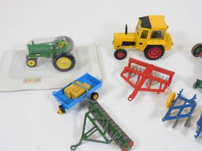 Various die cast vehicles lead, farm machinery, etc. an Esso sign 8cm high, a Shell petrol pump, unmarked tractor, plough, Corgi Massey Ferguson MS50B, Lesney Fordson blue tractor, etc. (a quantity) - 2