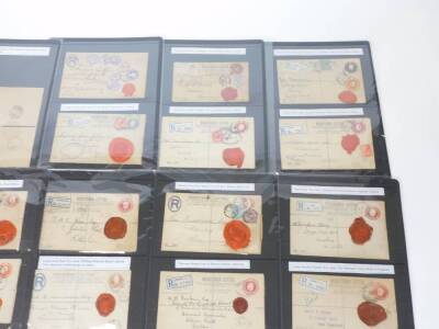 Various registered letter telegram envelopes, Scarlet wax seal Plymouth, 19thC and others, Swiss Bank London 1922, Swiss Bank Corporation, red seal Lancashire and Yorkshire Bank Limited 1903, others for 1920, King & Co War Office Postal Censor envelope, o - 3