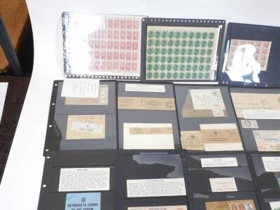 Various stamps, philately and related items, a quantity of various label examples, London Postal Service stamped and dated 1920, damaged mill labels, high value labels, various letters, cover information, Special Delivery labels, Undeliverable Mail labels - 2