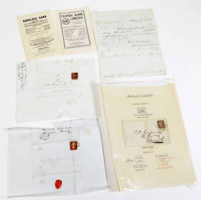 Various 19thC letterheads, stamped letters, envelopes, stamps, etc., a letter written 1832 partially handwritten We received in your favour the bill of £253 London July 23rd, Lloyds Bank Limited ephemera, other envelopes, letters, Belfast to Perkin Bacon - 5