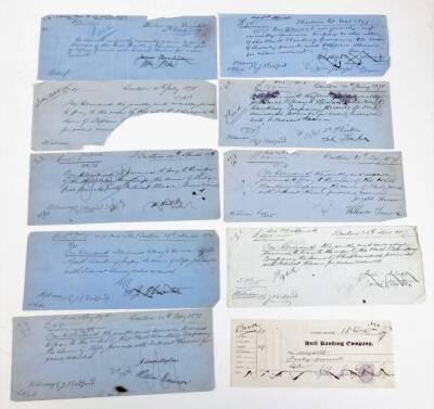 Various 19thC letterheads, stamped letters, envelopes, stamps, etc., a letter written 1832 partially handwritten We received in your favour the bill of £253 London July 23rd, Lloyds Bank Limited ephemera, other envelopes, letters, Belfast to Perkin Bacon - 6