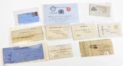 Various 19thC and other letters, handwritten envelopes, other prints, postmarks, etc. to include a Registrar's Certificate stamped 1904, a Clerked Commissioner's Asset Taxes marked 1819 On Her Majesty's Service with 1819 postmark, various other envelopes - 2