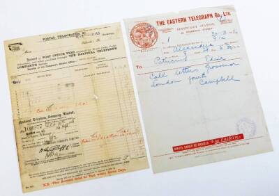 Various telegrams, certificates, etc., Victorian and others to include 1889, another 1901 National Telephone Company, Post Office postal telegram sheet, Overseas telegram, British and Irish Magnetic Telegraph Company, Eastern Telegraph Company, others for - 8