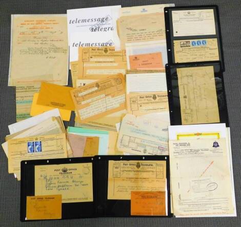 Various telegrams, certificates, related ephemera, etc., an International telegram, from Postal Telegrams and Junction Fees 1910, another relating to Doncaster 17th January with Mansfield stamp, a telegram design, others for Submarine Telegraph Company, v