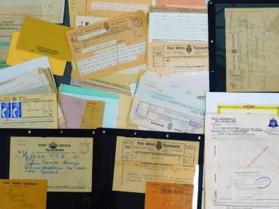 Various telegrams, certificates, related ephemera, etc., an International telegram, from Postal Telegrams and Junction Fees 1910, another relating to Doncaster 17th January with Mansfield stamp, a telegram design, others for Submarine Telegraph Company, v - 3