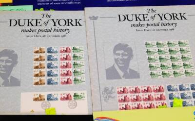 Various Royal Mail stamps advertising shop stamp boards, to include Anniversaries, 77cm x 53cm, Birds to include puffin, The Lord Mayor's Show, Food and Farming, Christmas 1988, Sport, The Duke of York, Industrial Archeology, Transport, etc. (a quantity, - 5