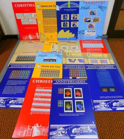 Various Royal Mail stamps advertising shop stamp boards, to include Transport 77cm x 52cm, Christmas 1988, Anniversaries, Games and Toys, Australian Bicentenary, Food and Farming, etc. (a quantity)