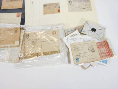 Various 19thC postmarks, envelopes, etc., 1906 with Berlin handwritten address, 1869 Secretary of Midland Railway envelope, a telegram envelope, post cards with various stamps, postmarks, etc. 1897, Chase Nissen headed envelope, Inland register letter, a - 5