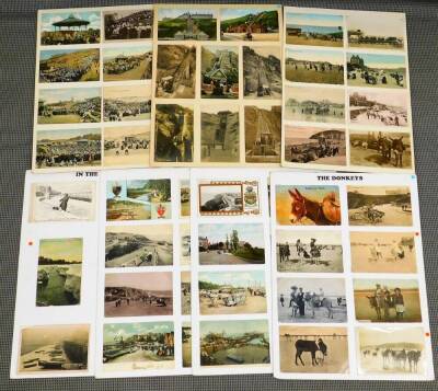 Various early 20thC postcards, black and white coloured scenes, coastal towns, etc., West Cliff-on-Sea, Southend-on-Sea, The Pier Southend, figures riding donkeys, The Cockle Beds Ferryside, donkey card, amateur jockey card with figures riding other donke