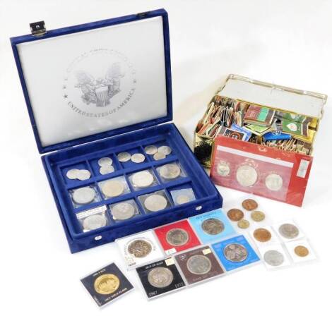 Various collectable coins, etc., decimal GB coins, 50p pieces, commemorative crowns, faux Roman coins, etc., faux Carolus coins, Golden Wedding 1947-1997 coins, various matchboxes, etc. United states silver and uncirculated set 1776-1976, etc. (a quantity