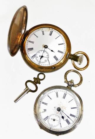 An early 20thC open faced pocket watch, with fancy Roman numeric 3cm diameter dial with Arabic subsidiary hand and shaped pointers in an engine turned case, white metal marked 0.800, 6cm high, and a hunter fob watch. (2)