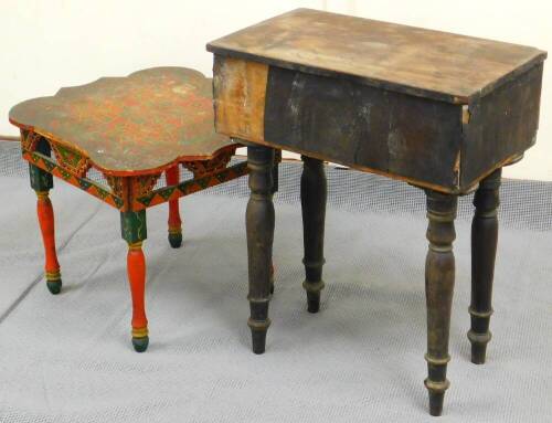 A 19thC pine Kashmir table, with turned top, intricately set with an arrangement of diamonds in a formal pattern above a carved pierced frieze and turned legs, partially painted red and green, 38cm high, 46cm wide, 42cm deep. and an 18thC box of rectangul
