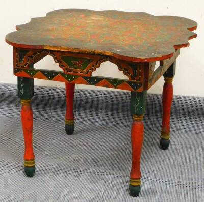 A 19thC pine Kashmir table, with turned top, intricately set with an arrangement of diamonds in a formal pattern above a carved pierced frieze and turned legs, partially painted red and green, 38cm high, 46cm wide, 42cm deep. and an 18thC box of rectangul - 2