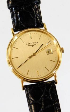 A gentleman's Longines stainless steel wristwatch, with 3cm dial, baton pointers and numerals and Arabic date aperture, with textured leather strap, L47202 31351663, in Brooks and Bentley box.