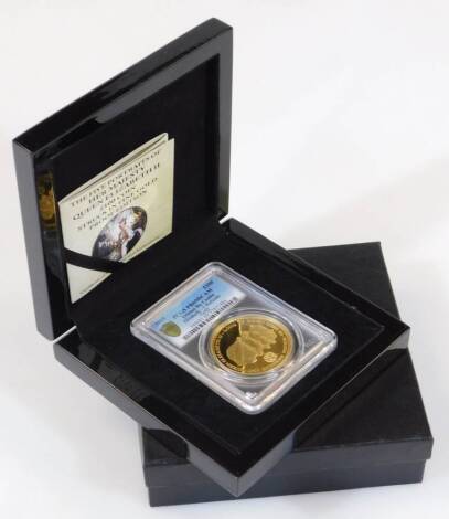 A proof five portraits of Her Majesty Queen Elizabeth one hundred pound gold coin, with paperwork reading 1oz Fine Gold, in outer case and box.