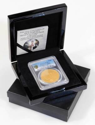 A proof five portraits of Her Majesty Queen Elizabeth one hundred pound gold coin, with paperwork reading 1oz mintage Fine Gold, in case and outer box.