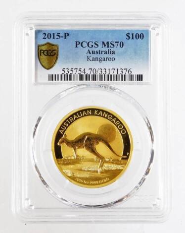 An Australian gold one hundred dollar kangaroo coin, marked 2015, 9999 gold 1oz, in plastic case.