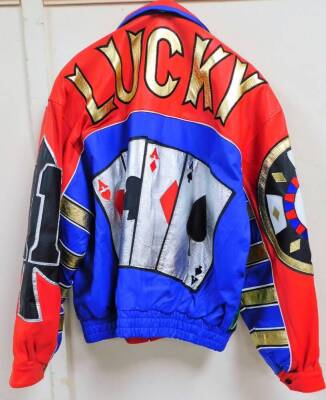 A Los Angeles California playing card jacket, labelled full leather, JCKY back, multicoloured predominately in red, yellow, blue, black, etc., extra large. - 2