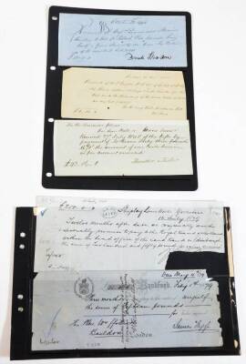 Various 19thC blank cheques, for Aberystwyth Bank, Alexandra & Co Bankers Woodbridge, Worksops Windsor, Whitehall Place London, Shaftesbury, Wills and Dorset Banking, Nottingham and a quantity of various written cheques, orders, etc., some sealed 3p Decem - 4