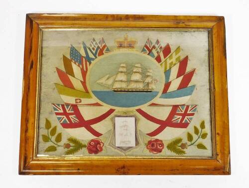 A 19thC sailor's wool work picture, depicting a stump work clipper ship, in an oval surround with crown surmount, within flags of the Great Nations, and a further reserve shield shaped with a pencil sketch of the same ship, flanked by roses and thistles,