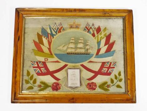 A 19thC sailor's wool work picture, depicting a stump work clipper ship, in an oval surround with crown surmount, within flags of the Great Nations, and a further reserve shield shaped with a pencil sketch of the same ship, flanked by roses and thistles, 